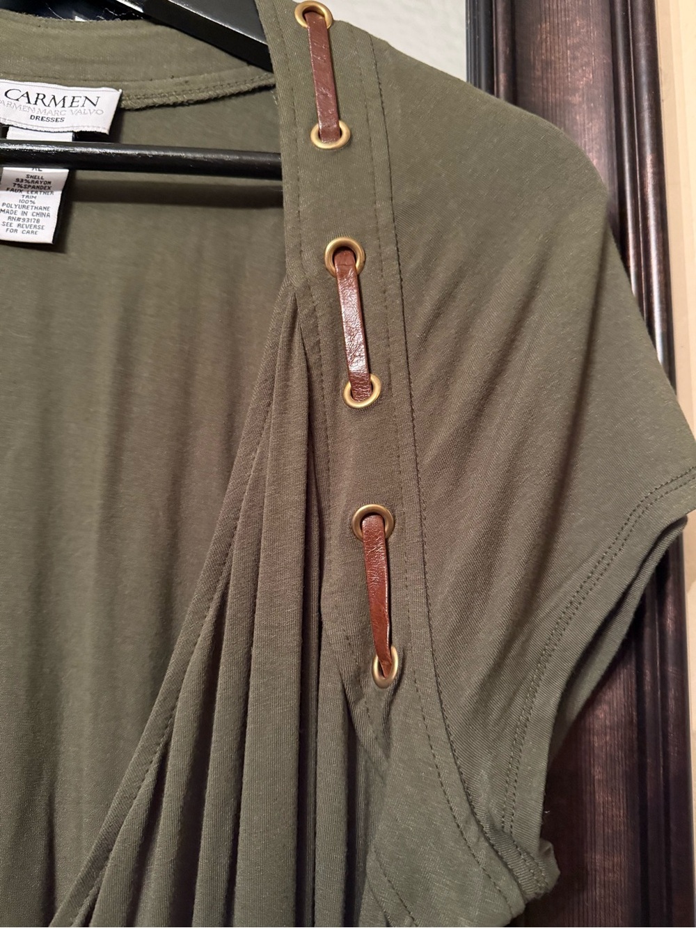 Carmen Marc Valvo Olive Green Ruched Wrap Dress XL - Picture 4 of 7